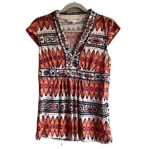 Trina Turk Silk Blouse Top Tribal Southwestern Colorful Lightweight - Size 6